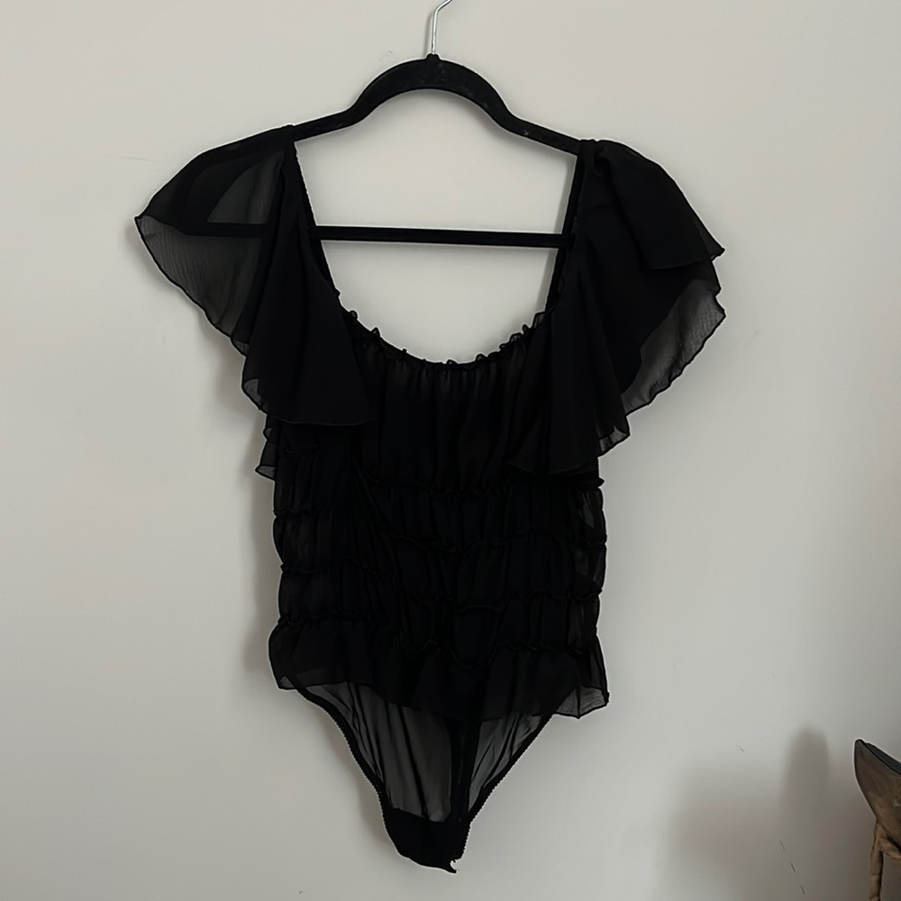 Free People Black Ruffle Bodysuit
